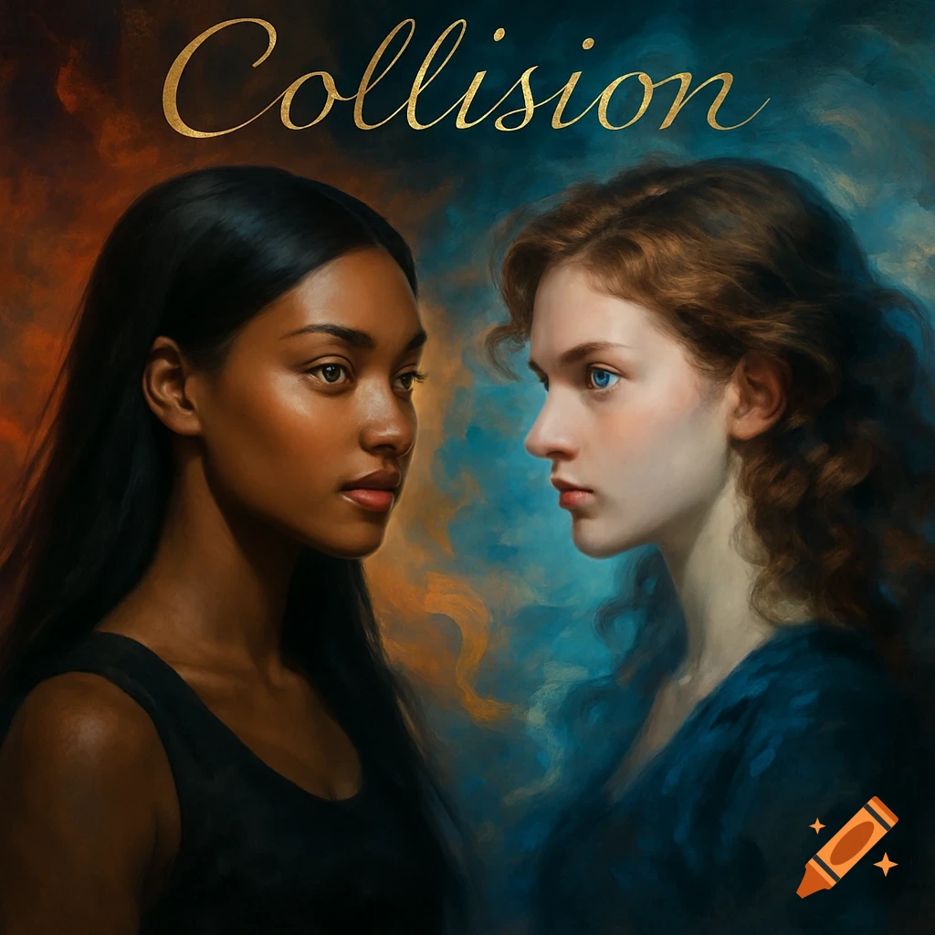 Two young women, one dark-skinned with black hair, one light-skinned with red-brown hair, face each other in a painterly style, with 'Collision' above them.