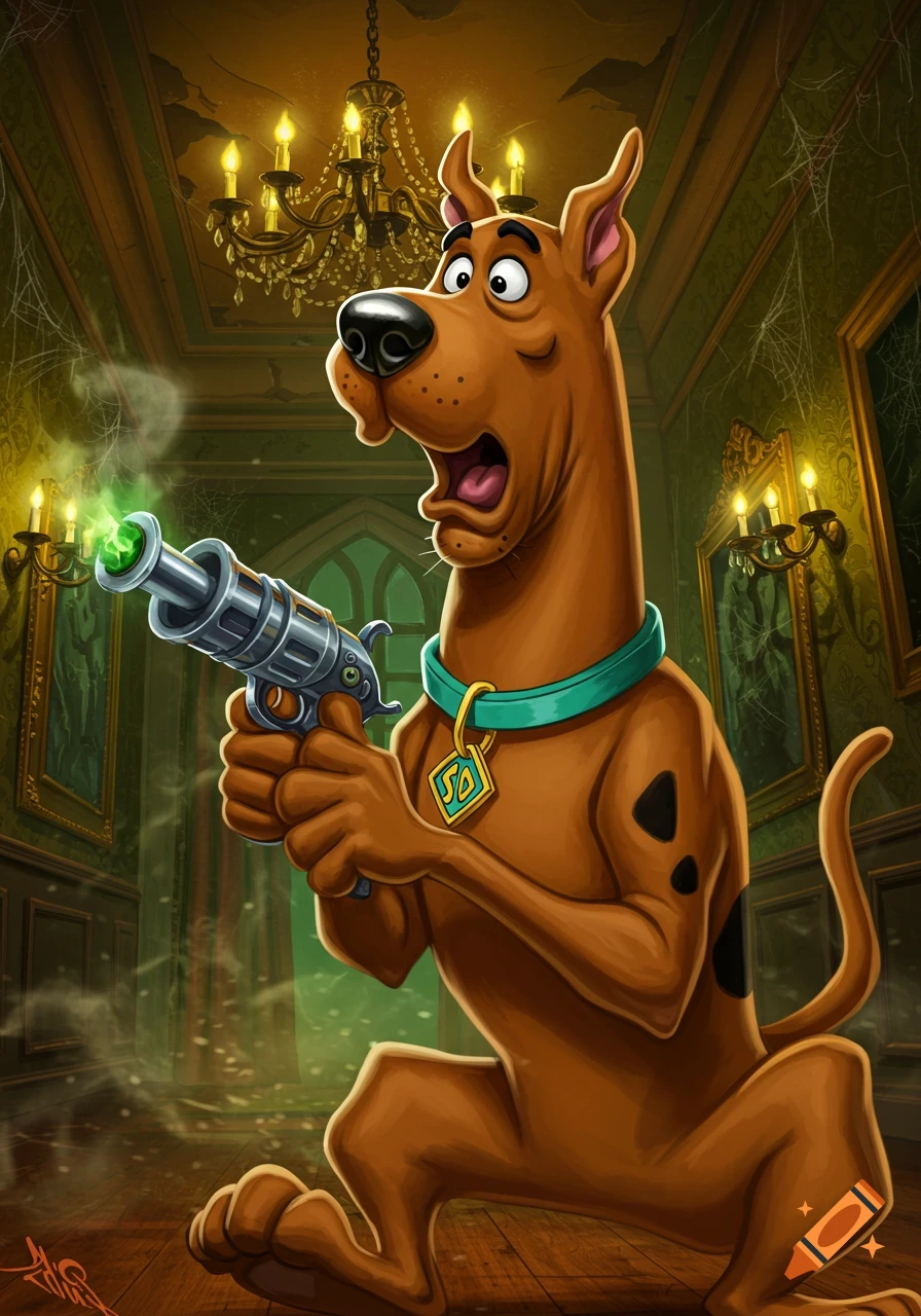 Scooby Doo, a brown cartoon dog, looks scared while holding a smoking futuristic gun in a dusty, spooky mansion.