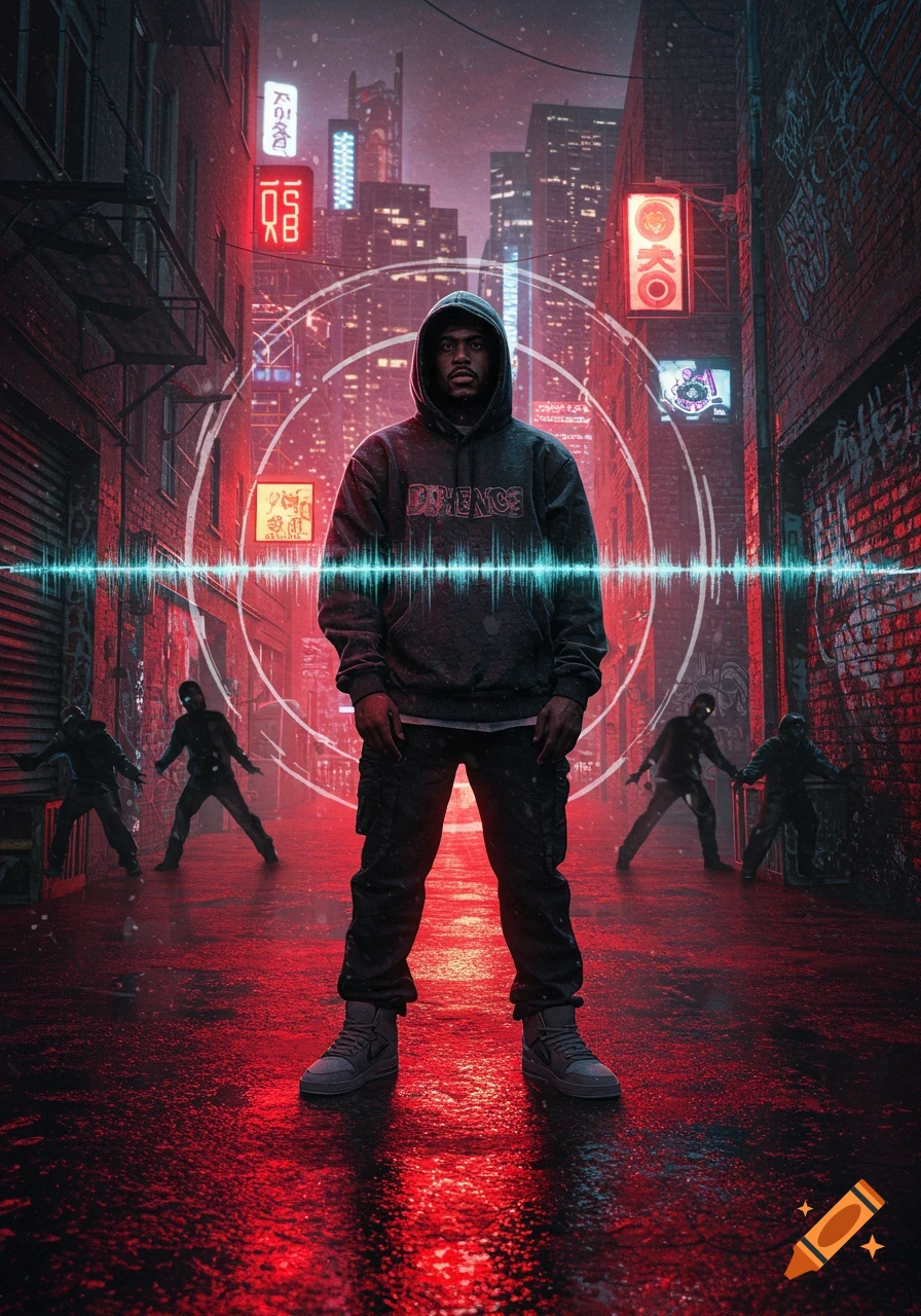 A man in a hoodie stands in a neon-lit, rainy alleyway with glowing red reflections, surrounded by blurry figures and futuristic signs.