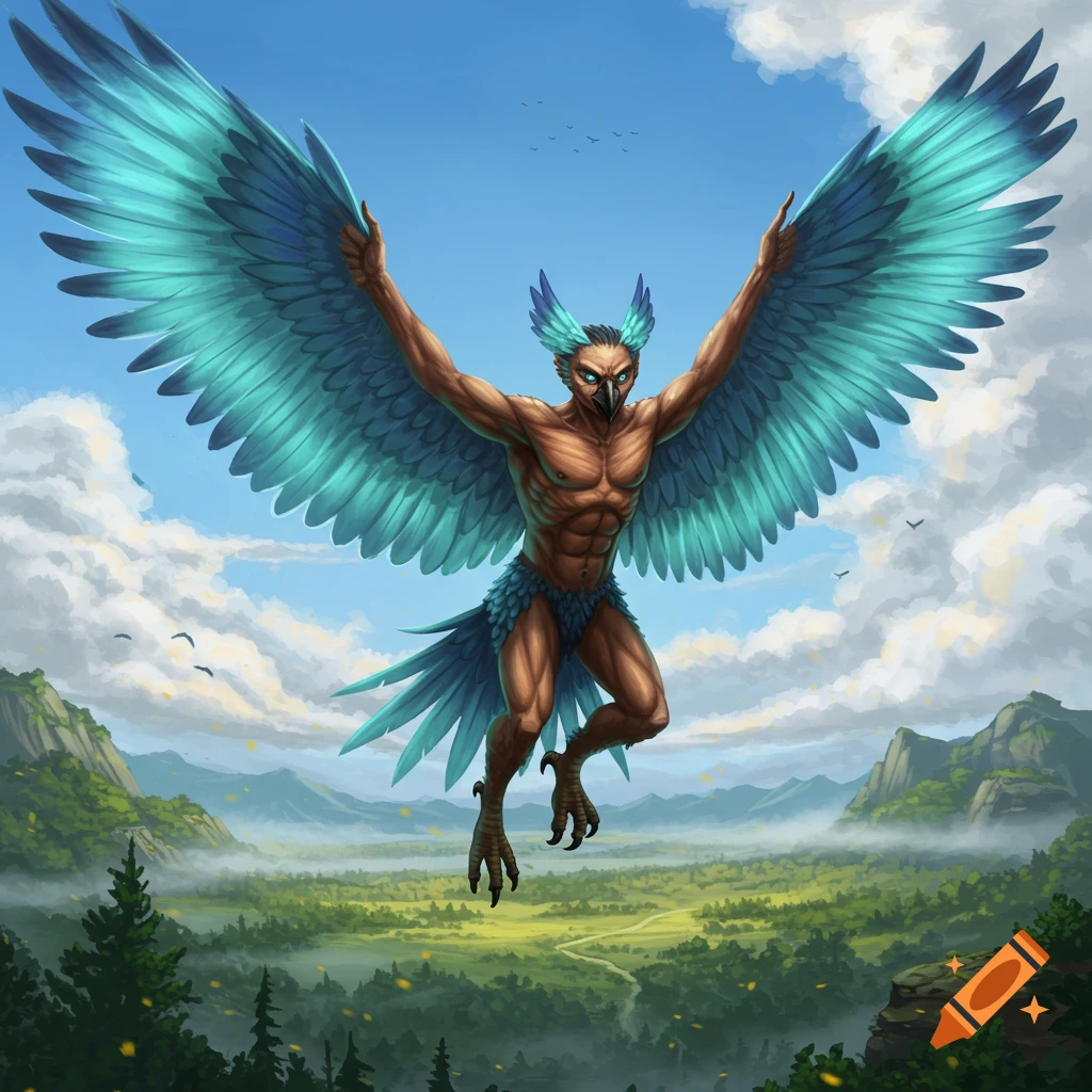A muscular harpy with vibrant blue-green wings soars over a lush green valley with mountains and a cloudy blue sky.