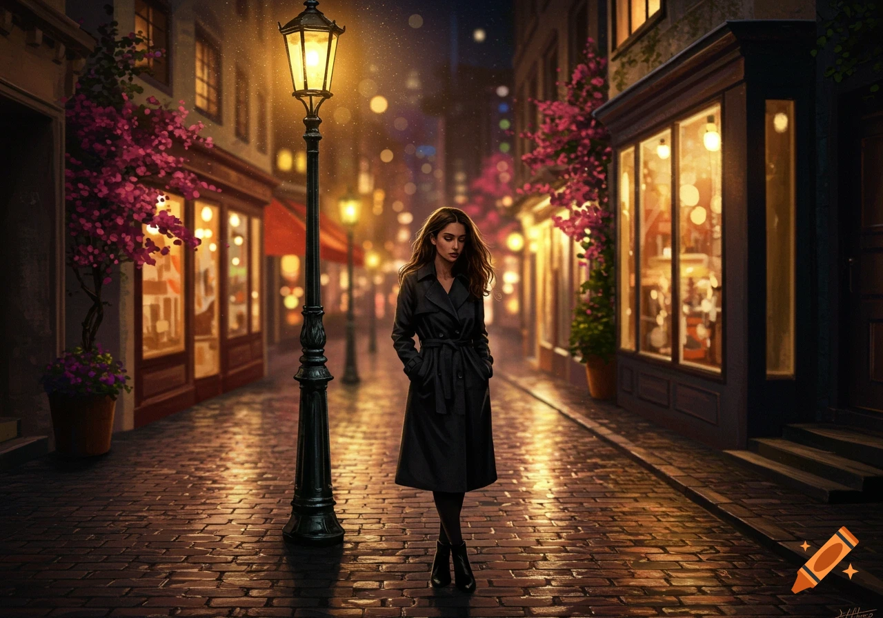 A woman in a black trench coat stands on a wet cobblestone street at night, illuminated by a lamppost and glowing shop windows.