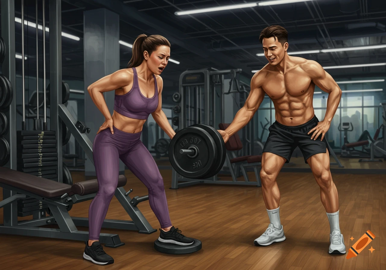A muscular man helps a woman struggling to lift a barbell in a gym, depicted in an illustrative style.