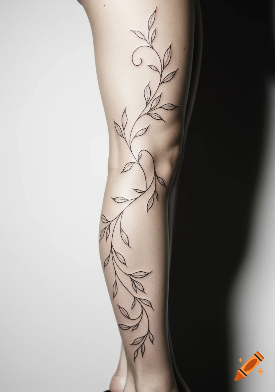 A detailed black fine line tattoo of a winding vine with leaves on a woman's leg against a light background.