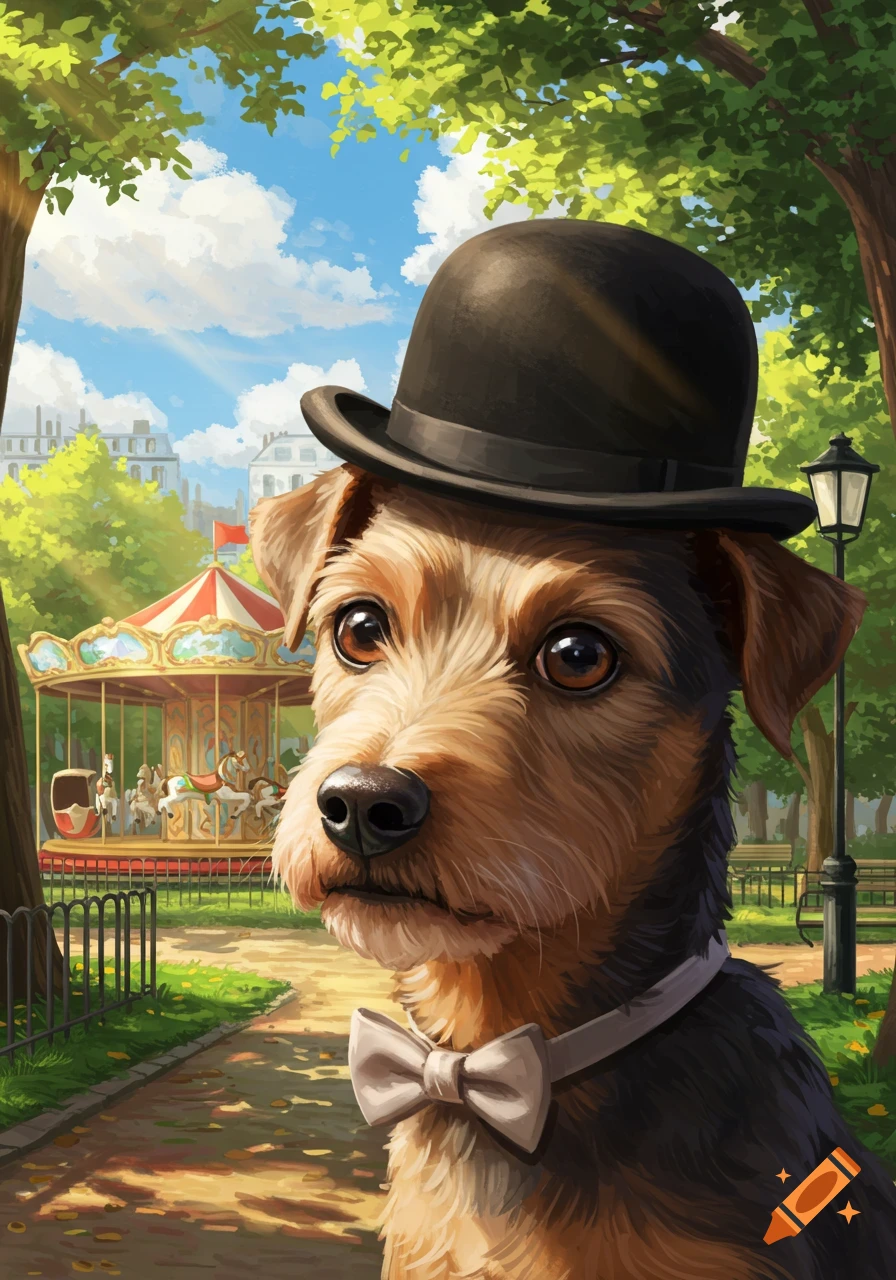 A dapper terrier dog wearing a black bowler hat and a white bow tie, standing in a sunny park with a carousel in the background.