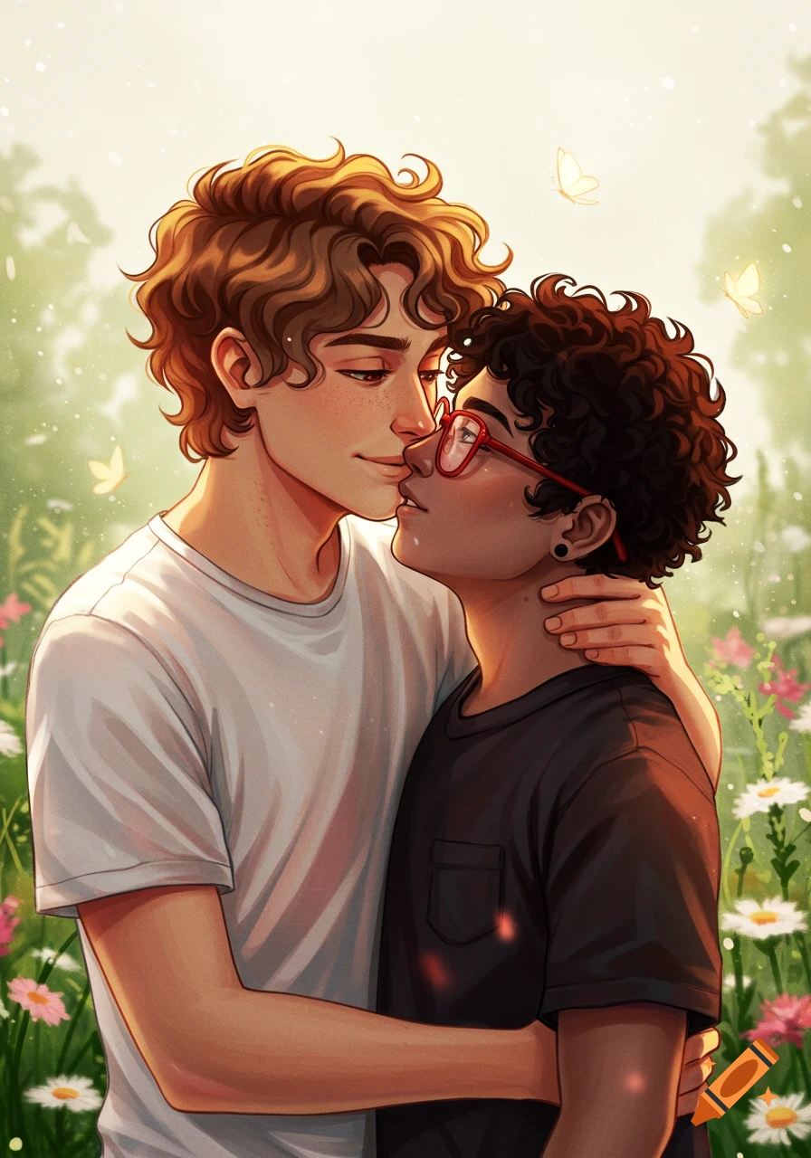 Stylized illustration of two men with curly hair embracing in a sunny field of flowers, about to kiss.