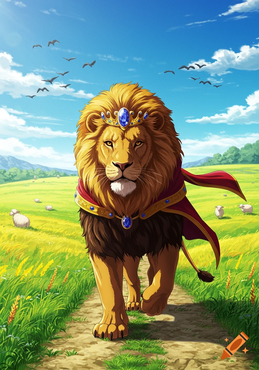 A regal anime-style lion with a golden crown and red cape walks proudly down a path in a green field with sheep and birds overhead.