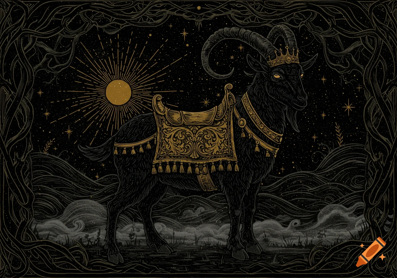 Woodcut illustration of a regal black goat with a gilded saddle and crown under a starry night sky.