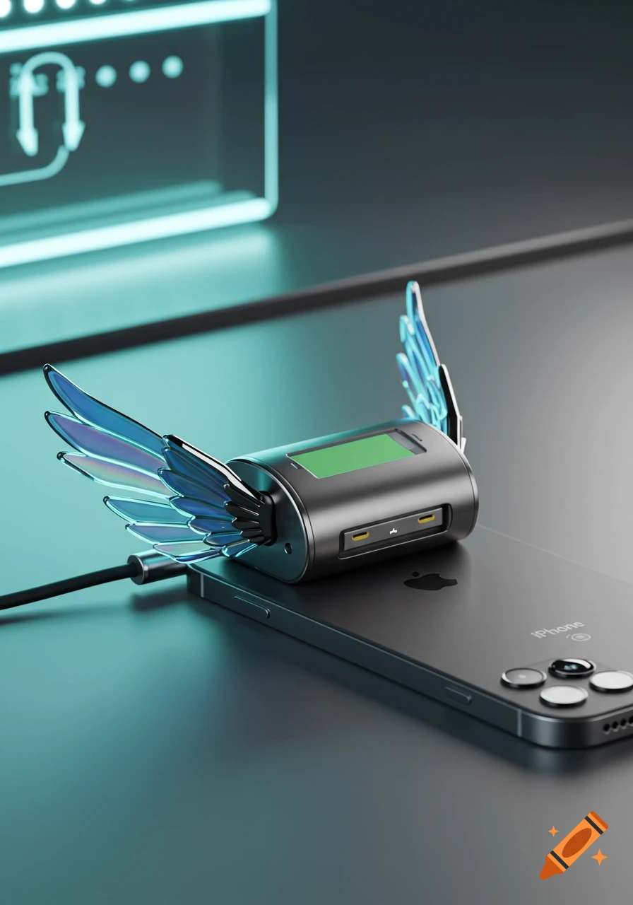 A futuristic black charger with iridescent blue wings plugged into a black iPhone on a dark, reflective surface with glowing background light.