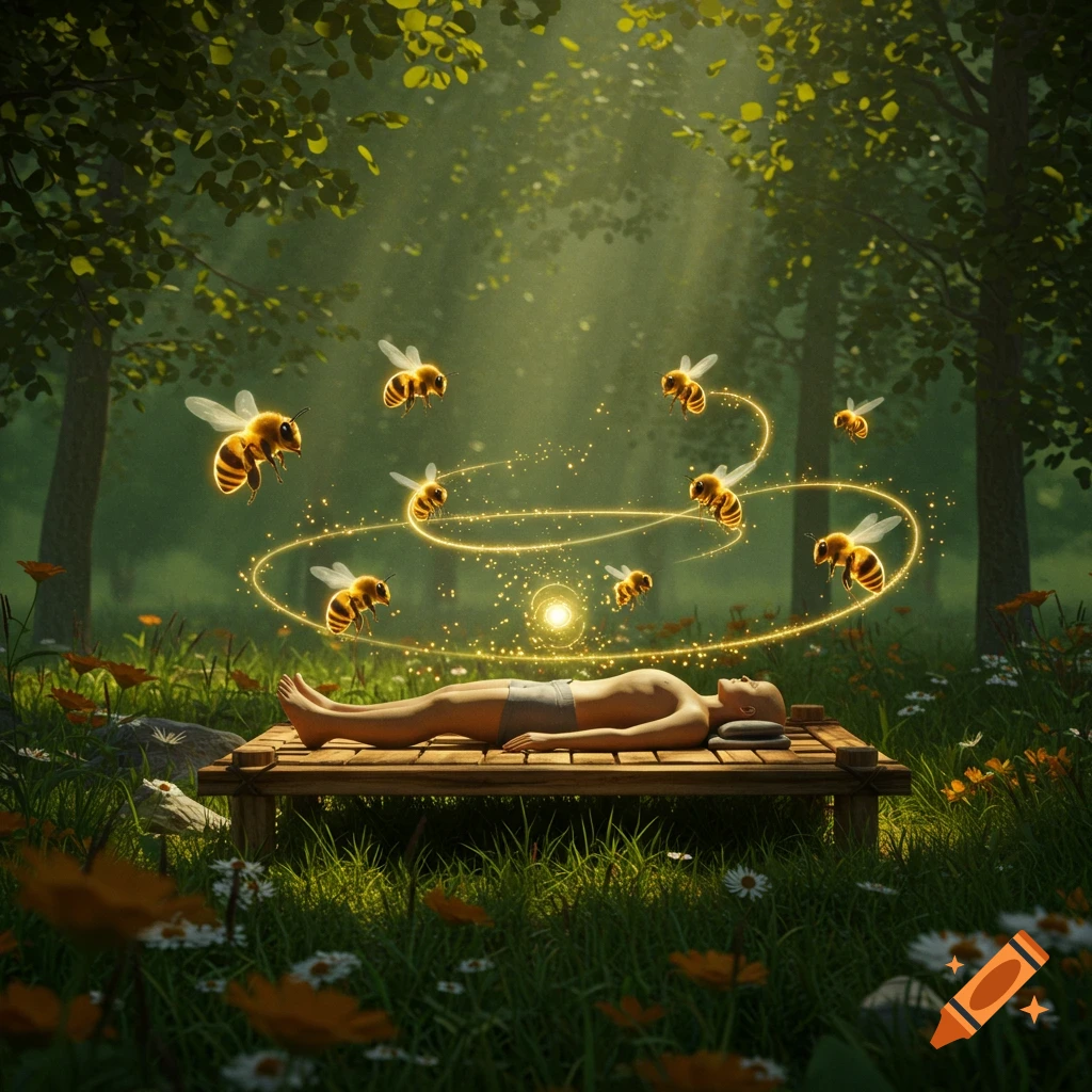 A person lies on a wooden platform in a lush forest clearing, surrounded by bees and glowing magical lines. Photorealistic fantasy art.