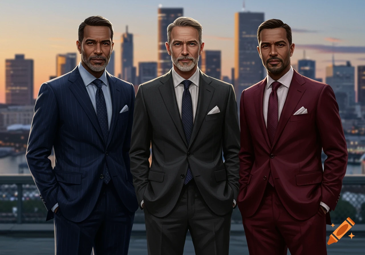 Three well-dressed men in suits stand against a city skyline at sunset, looking directly at the viewer.