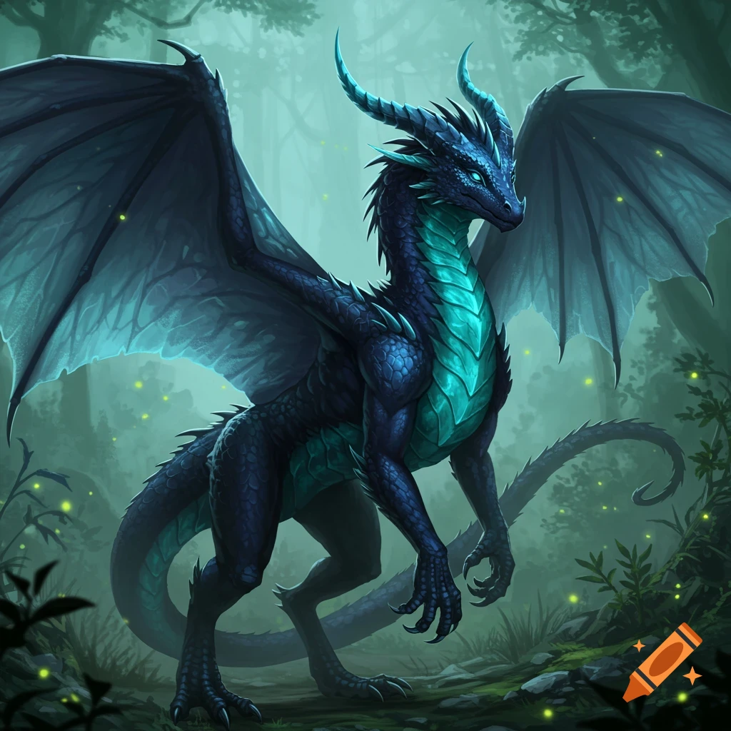 A majestic dark blue and teal dragon with large wings stands in a mystical, foggy forest with glowing fireflies.