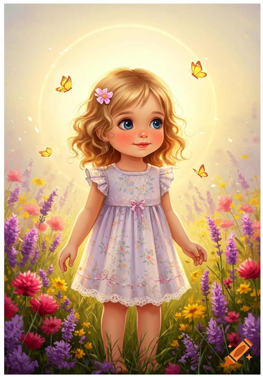 Cartoon illustration of a blonde girl in a floral dress standing in a vibrant flower field with butterflies and a golden glow.