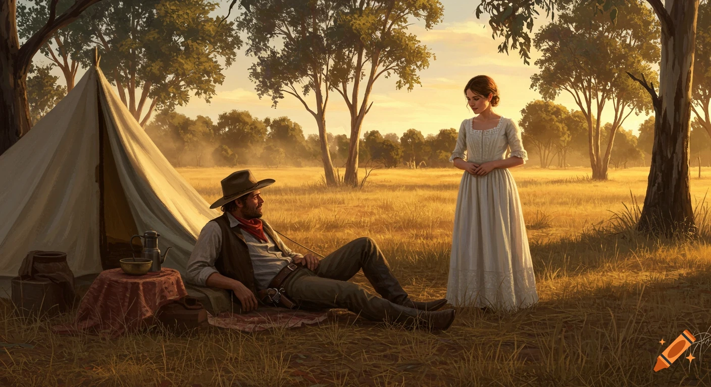A cowboy rests by a tent as a woman watches him in a golden Australian outback sunset, surrounded by eucalyptus trees. Painterly art.