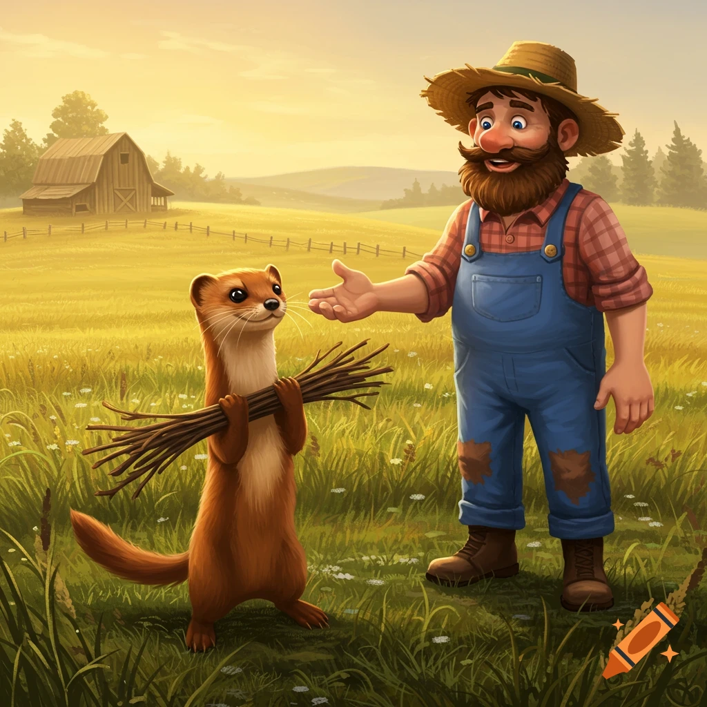 An illustrated weasel holding sticks stands in a golden field next to a smiling farmer with an open hand, with a barn in the background.