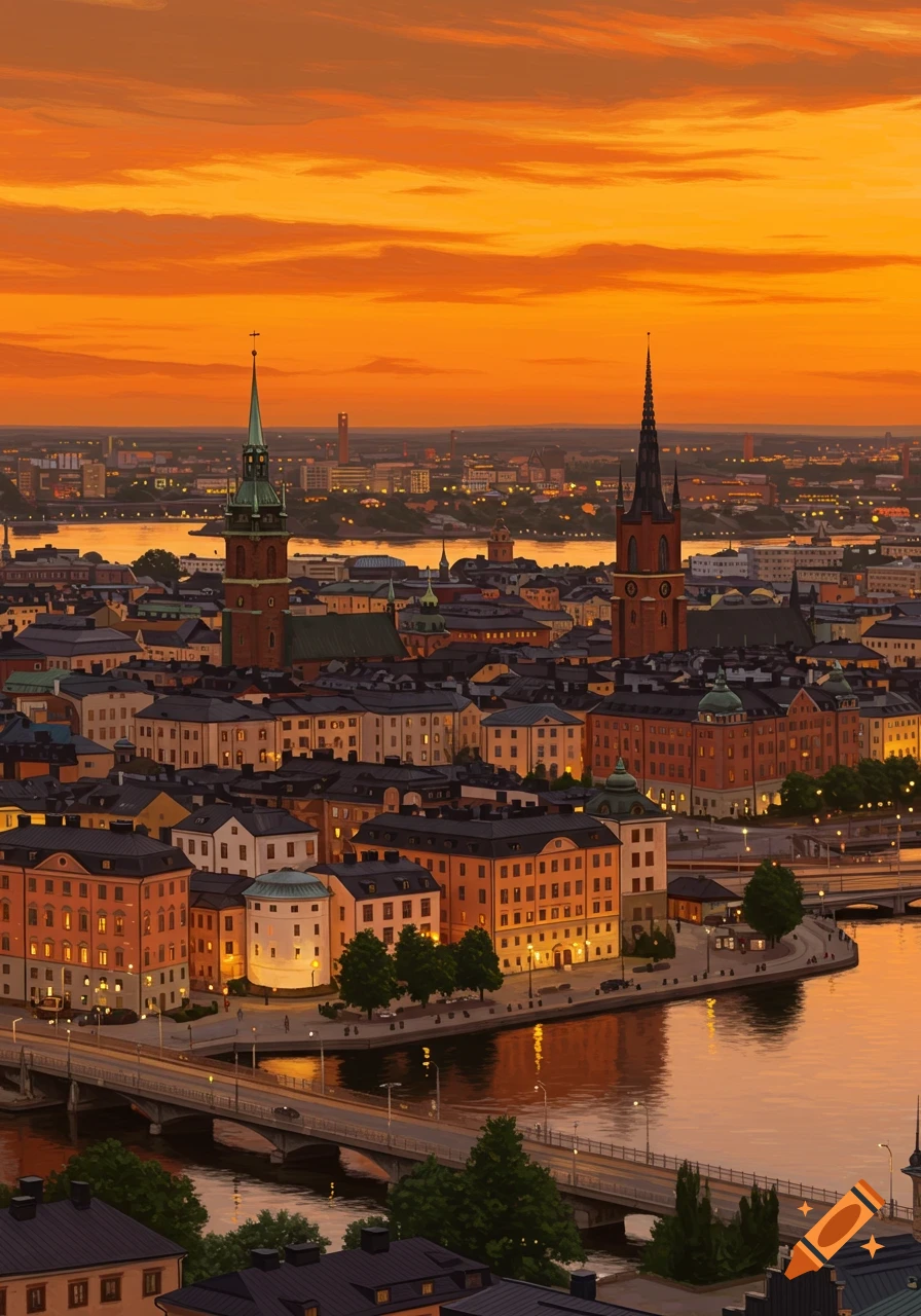 Illustrative aerial view of Stockholm cityscape at sunset with historic buildings, churches, and river reflecting an orange sky.