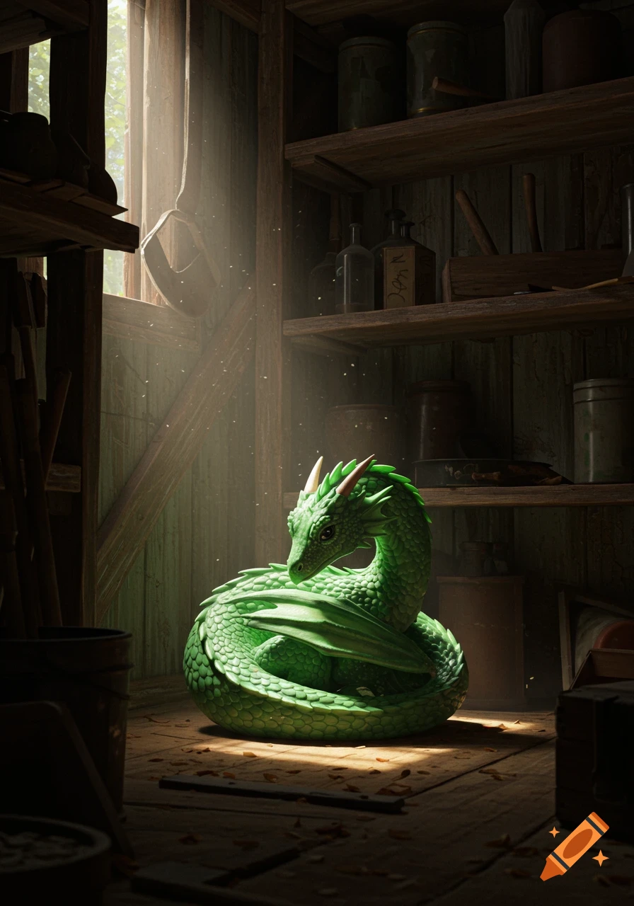A small green dragon curls up in the corner of a rustic wooden shed, illuminated by a sunbeam.