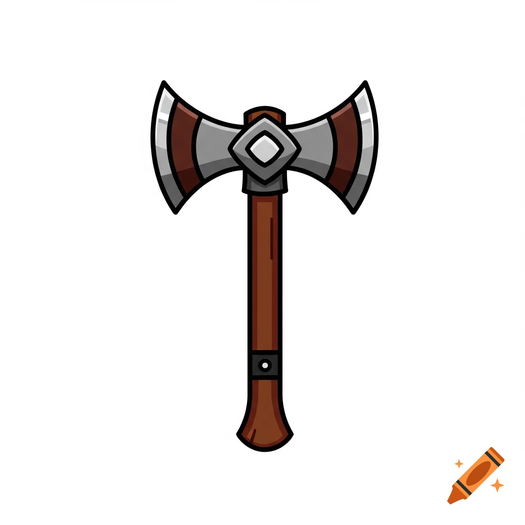 A cartoonish double-bladed axe with a brown handle and silver blades, outlined in black.