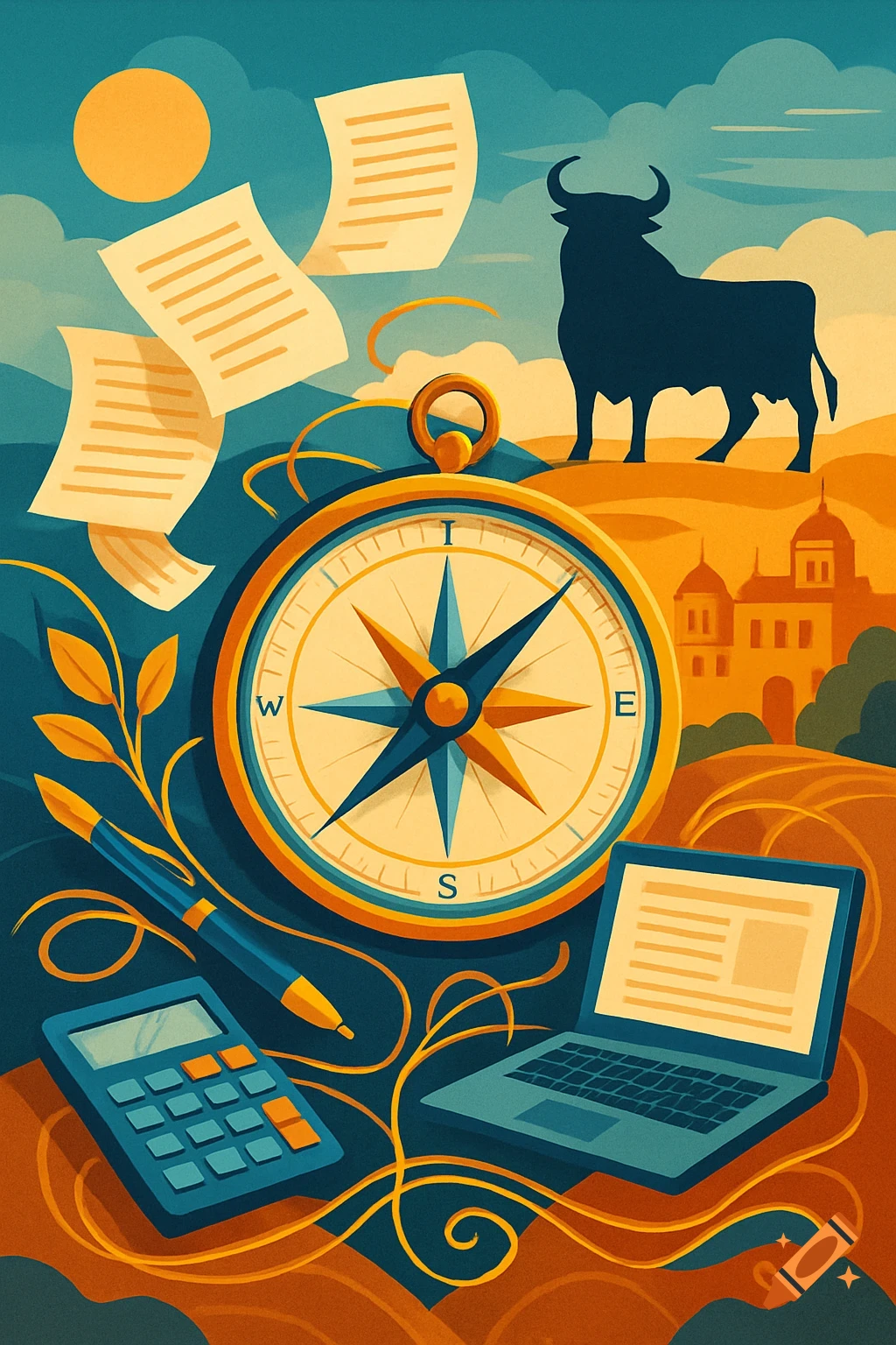 A colorful infographic illustration featuring a compass, a bull silhouette, floating papers, a calculator, a pen, and a laptop against a landscape with buildings under a stylized sun.