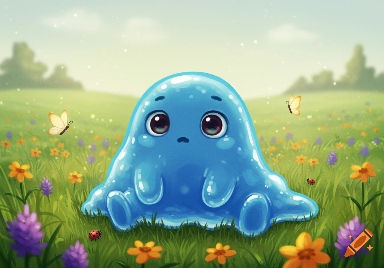 A cute, shiny blue blob creature with big eyes sits in a vibrant green field with colorful flowers, butterflies, and ladybugs. Cartoon style.