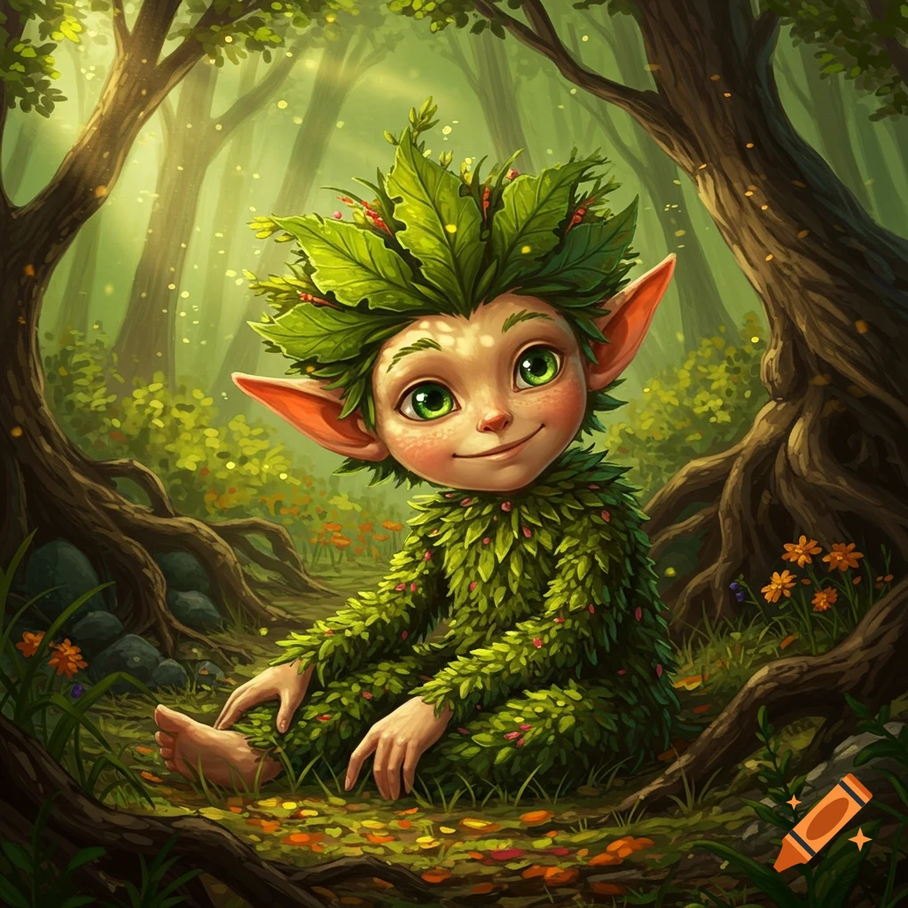 A cute, smiling, leaf-covered forest sprite with large ears and green eyes sits on a mossy forest floor among glowing particles and tree roots.