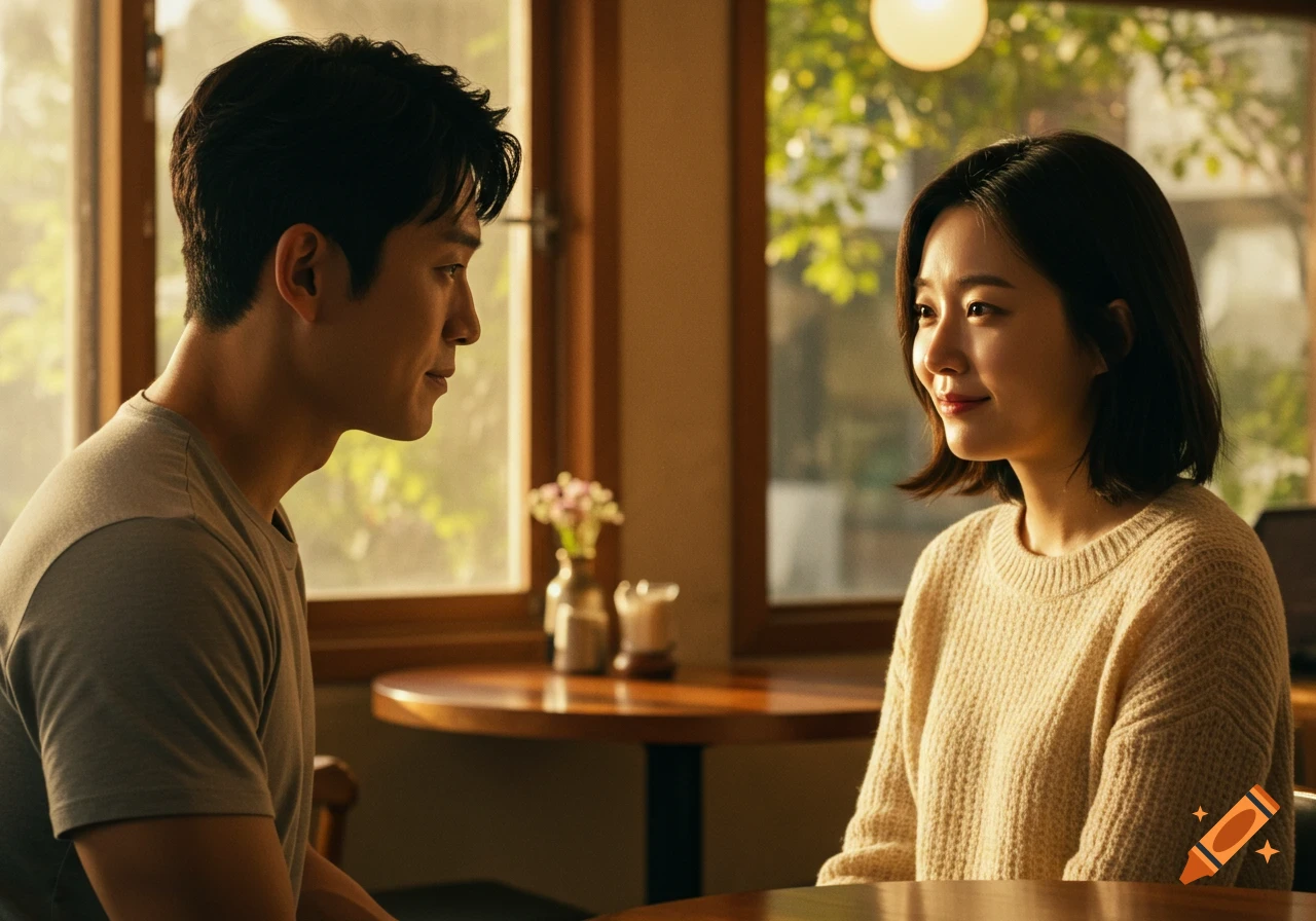 Two Korean people in a sunlit cafe gaze at each other with gentle smiles in a photorealistic style.