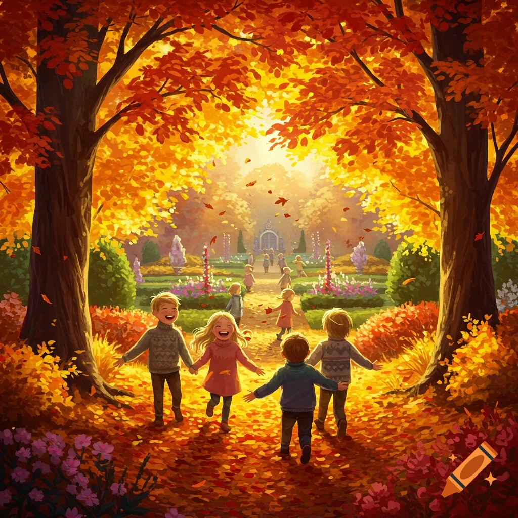 Vibrant illustration of happy children playing in a sunlit autumn park with colorful trees and falling leaves.