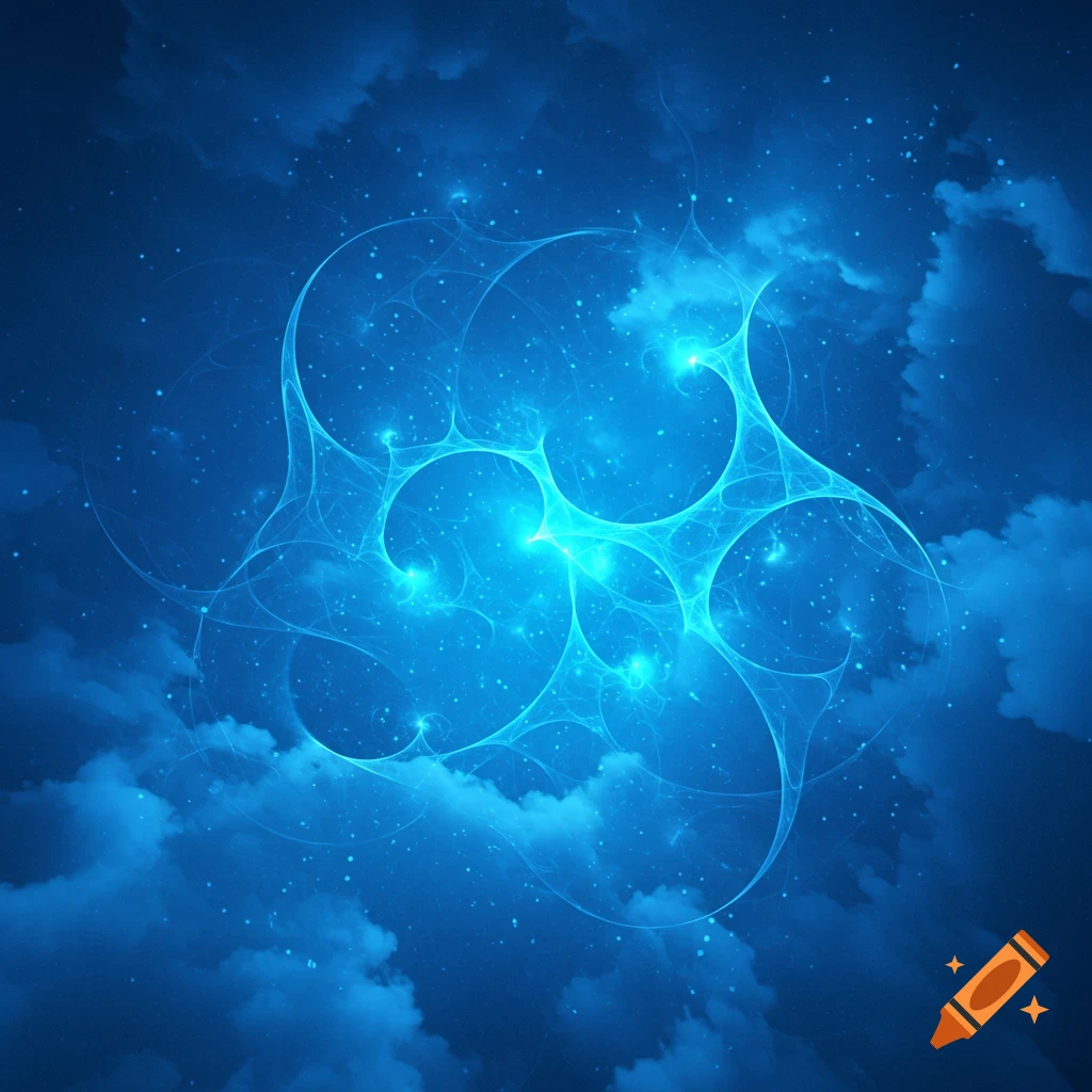 An abstract blue light pattern resembling a nebula or intricate energy field against a dark blue, cloudy sky with small bright specs.