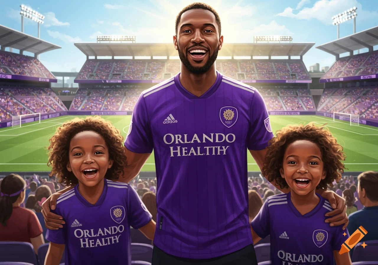 A smiling Black man in a purple soccer jersey stands in a stadium, with his arms around two smiling children also in purple jerseys.