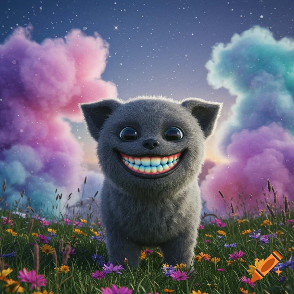 A grey furry creature with a wide smile and rainbow teeth stands in a field of colorful wildflowers under a starry, cloudy night sky.