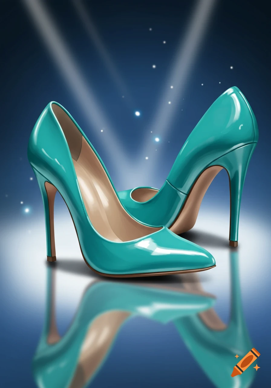 Two shiny teal stilettos on a reflective surface under spotlights with sparkling effects, digital art.