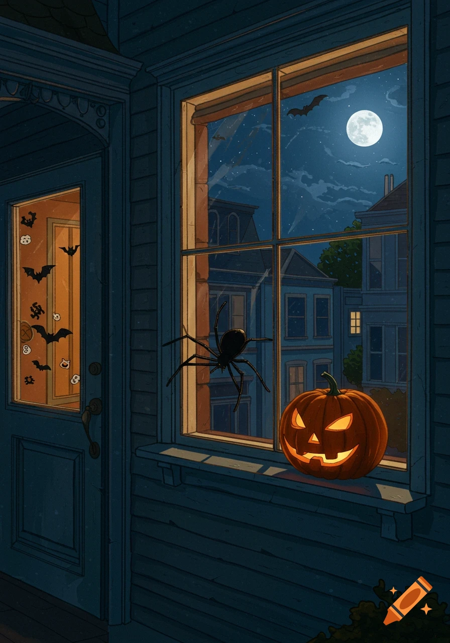 A Halloween scene at night, featuring a glowing Jack O' Lantern and a large spider on a windowsill. A full moon and bats are visible through the window, and bat and ghost stickers adorn the front door of a house.