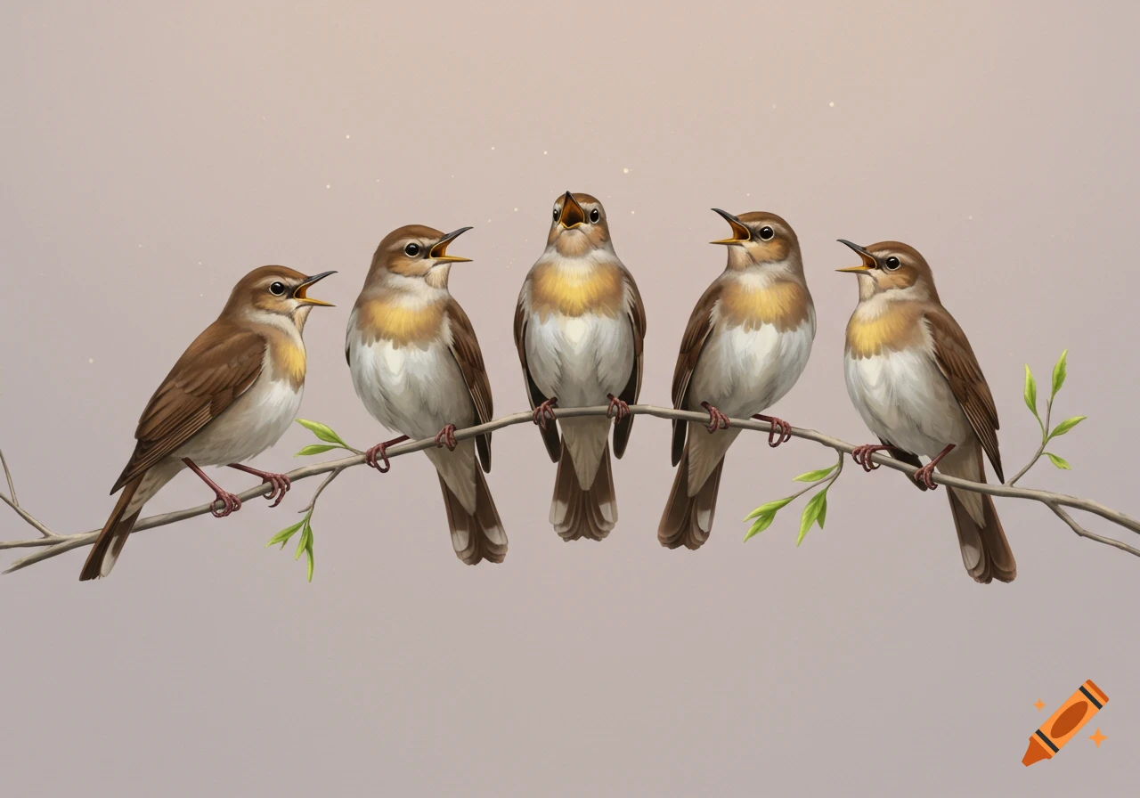 Five small brown and white birds perched on a tree branch with green leaves, singing against a soft neutral background. Art illustration.