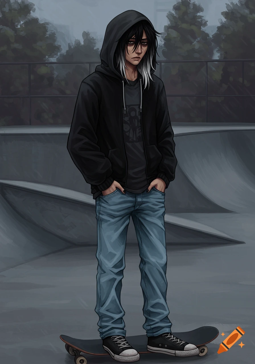 An anime boy with black hair and white bangs, wearing a black hoodie and blue jeans, stands on a skateboard in a skate park.
