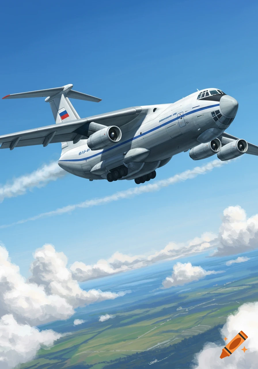 An illustrated white Il-76 cargo plane flies through a blue sky with clouds over green land.
