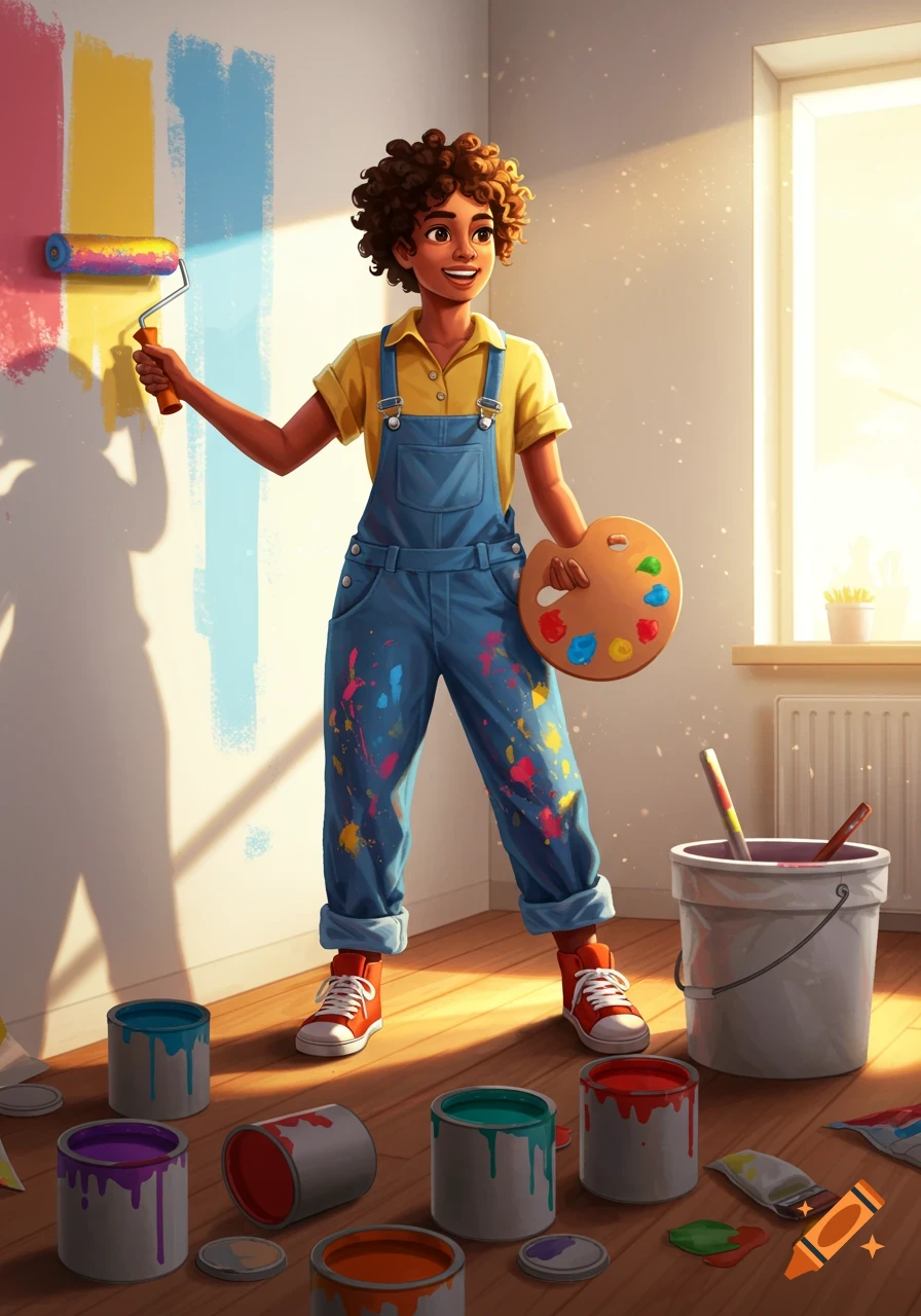 A digitally illustrated person in paint-splattered overalls paints a wall with a roller, holding a palette, paint cans on the floor.