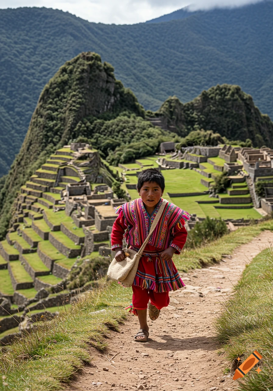 Young boy in traditional colorful clothing runs on a dirt path with Machu Picchu and mountains in the background.