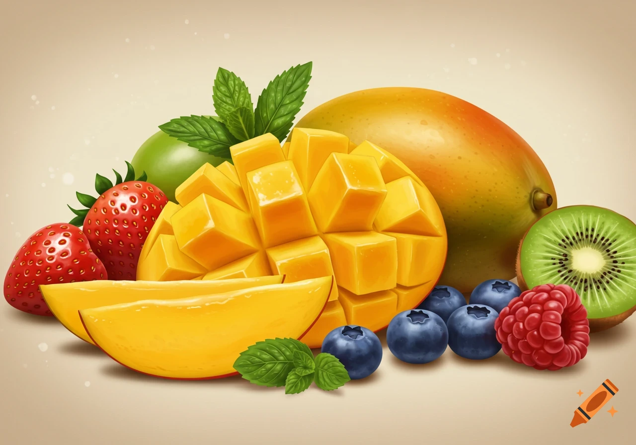 A vibrant still life of fresh mango, strawberries, blueberries, raspberry, kiwi, and mint leaves on a light background.
