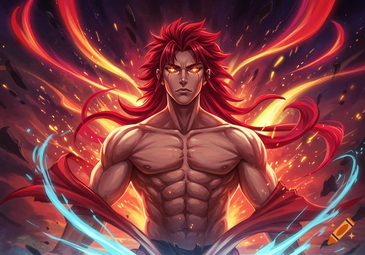 Anime style muscular man with fiery red hair and golden eyes, surrounded by swirling flames and sparks.