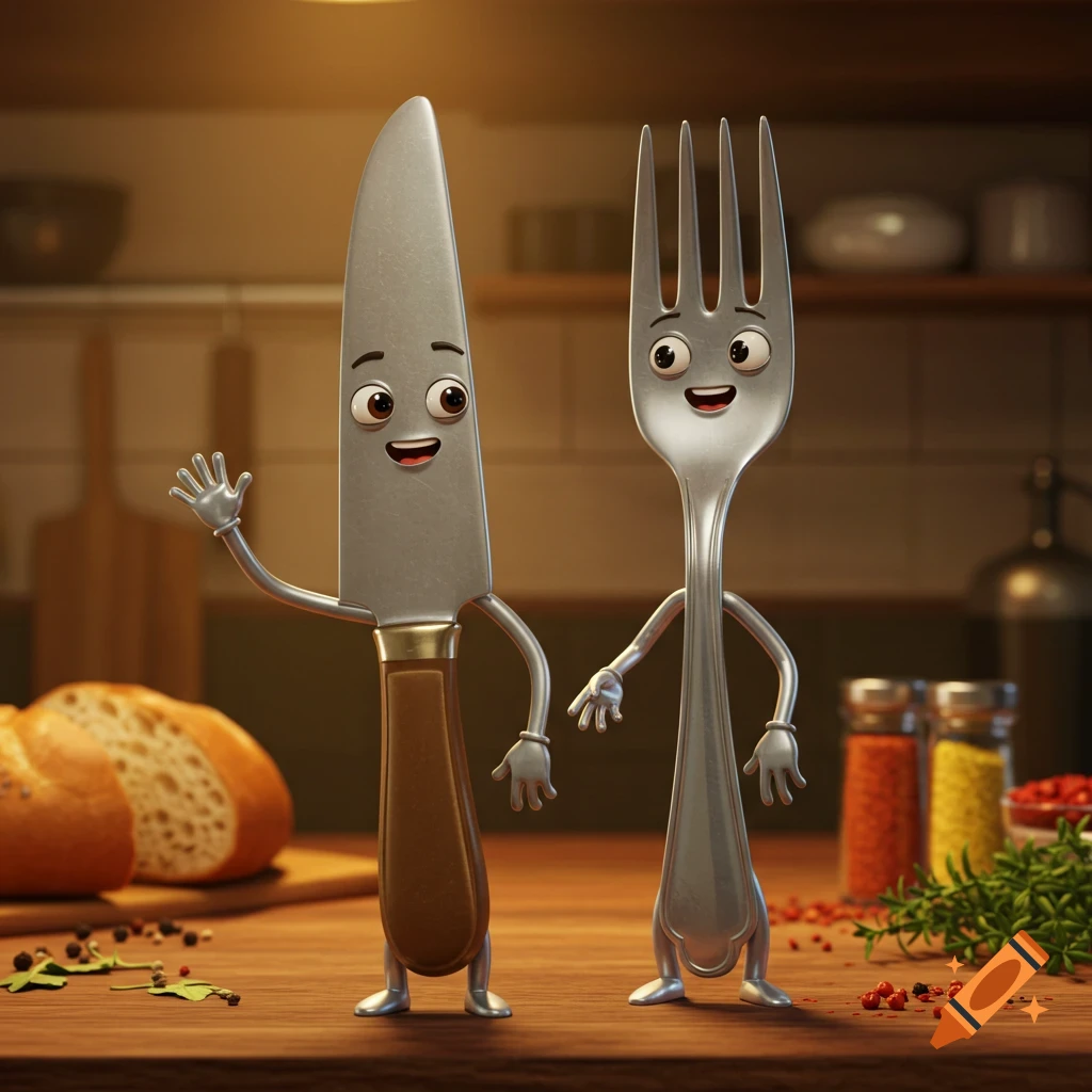 A cartoon knife and fork with faces, arms, and legs stand on a wooden kitchen counter next to bread and spices.