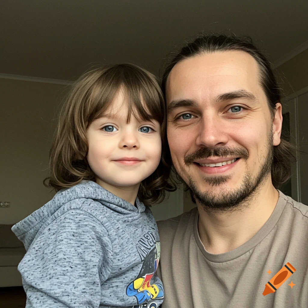 A smiling man with a beard and ponytail poses in a close-up selfie with a young boy who has long brown hair and blue eyes.