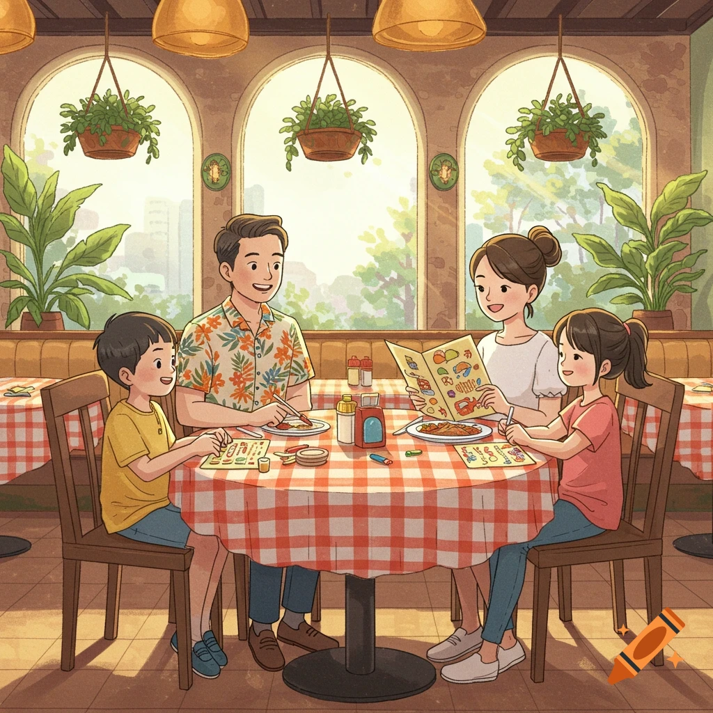A cartoon family of four, including two children, sitting at a red and white checkered table in a plant-filled restaurant, looking at menus.