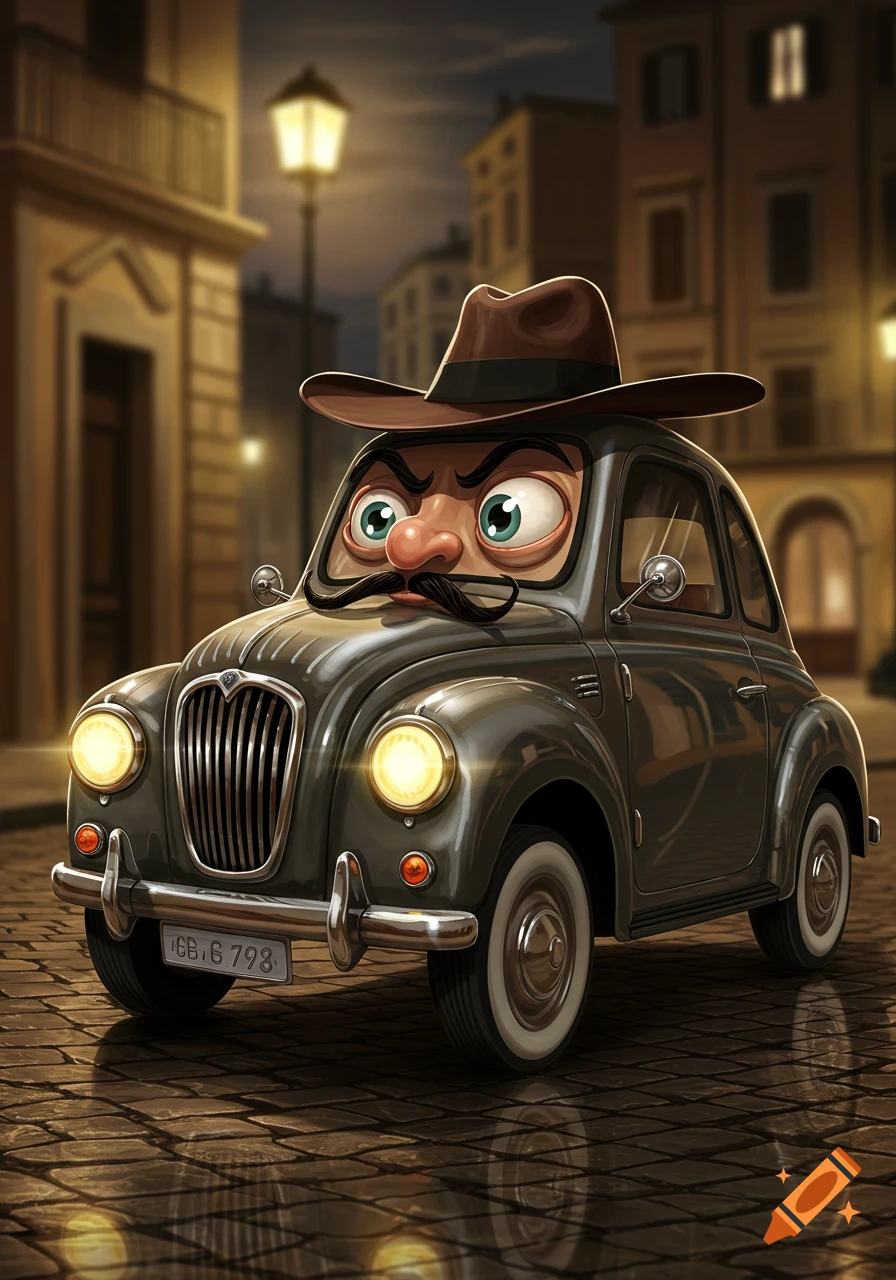 A humorous cartoon dark grey vintage car with large eyes, a mustache, and a brown fedora, parked on a cobblestone street at night.