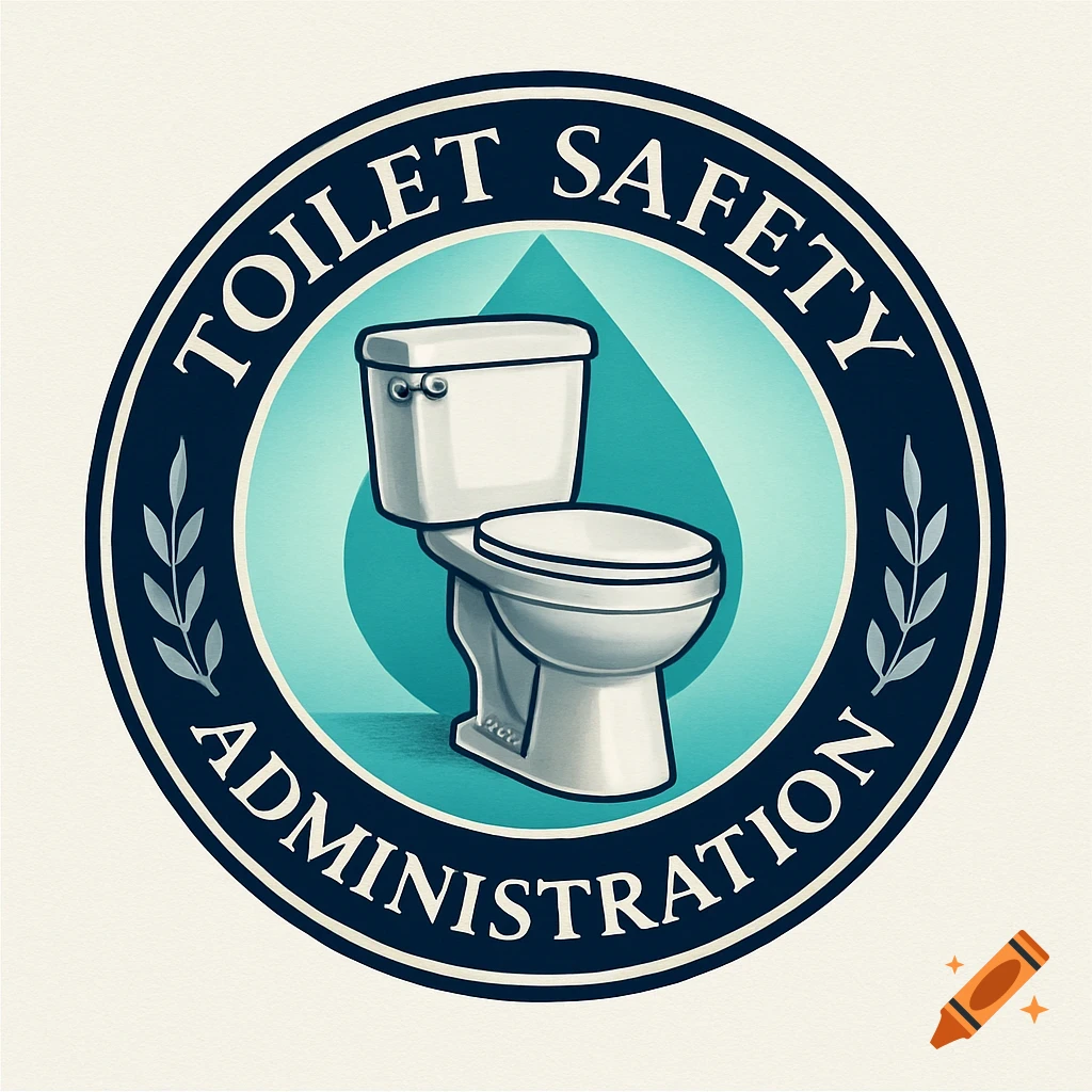 A circular blue and white logo features the text "TOILET SAFETY ADMINISTRATION" encircling a stylized illustration of a white toilet against a teal teardrop shape, flanked by olive branches.