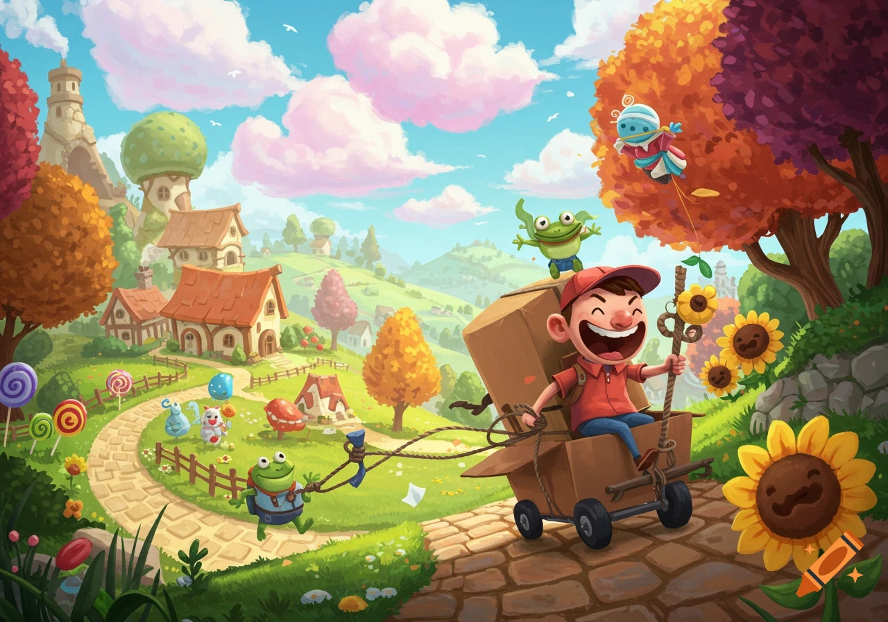 A cheerful cartoon boy in a cardboard box cart pulled by a frog on a path through a whimsical village with colorful trees and fantasy creatures.