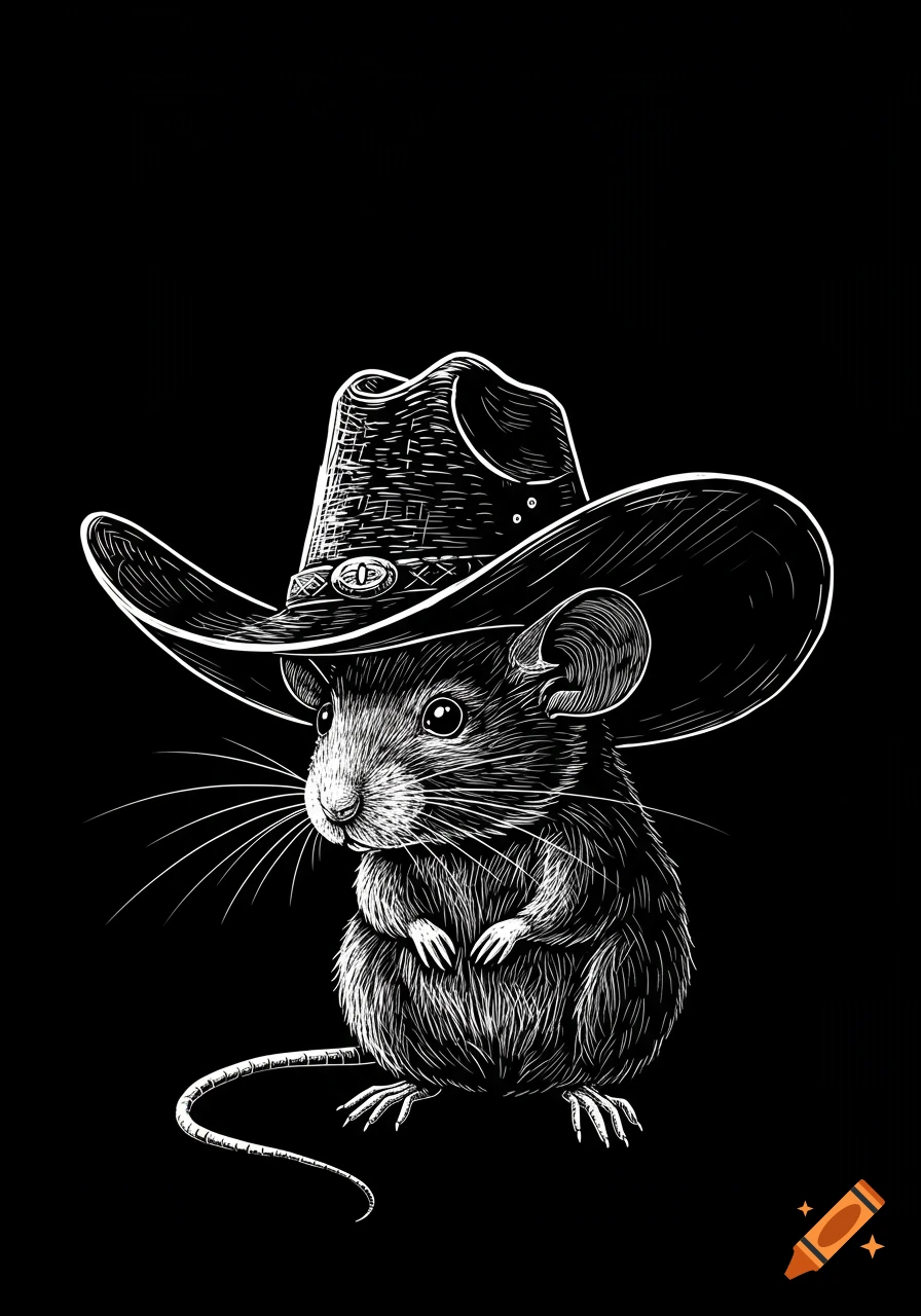 A black and white line art illustration of a mouse wearing a cowboy hat on a solid black background.