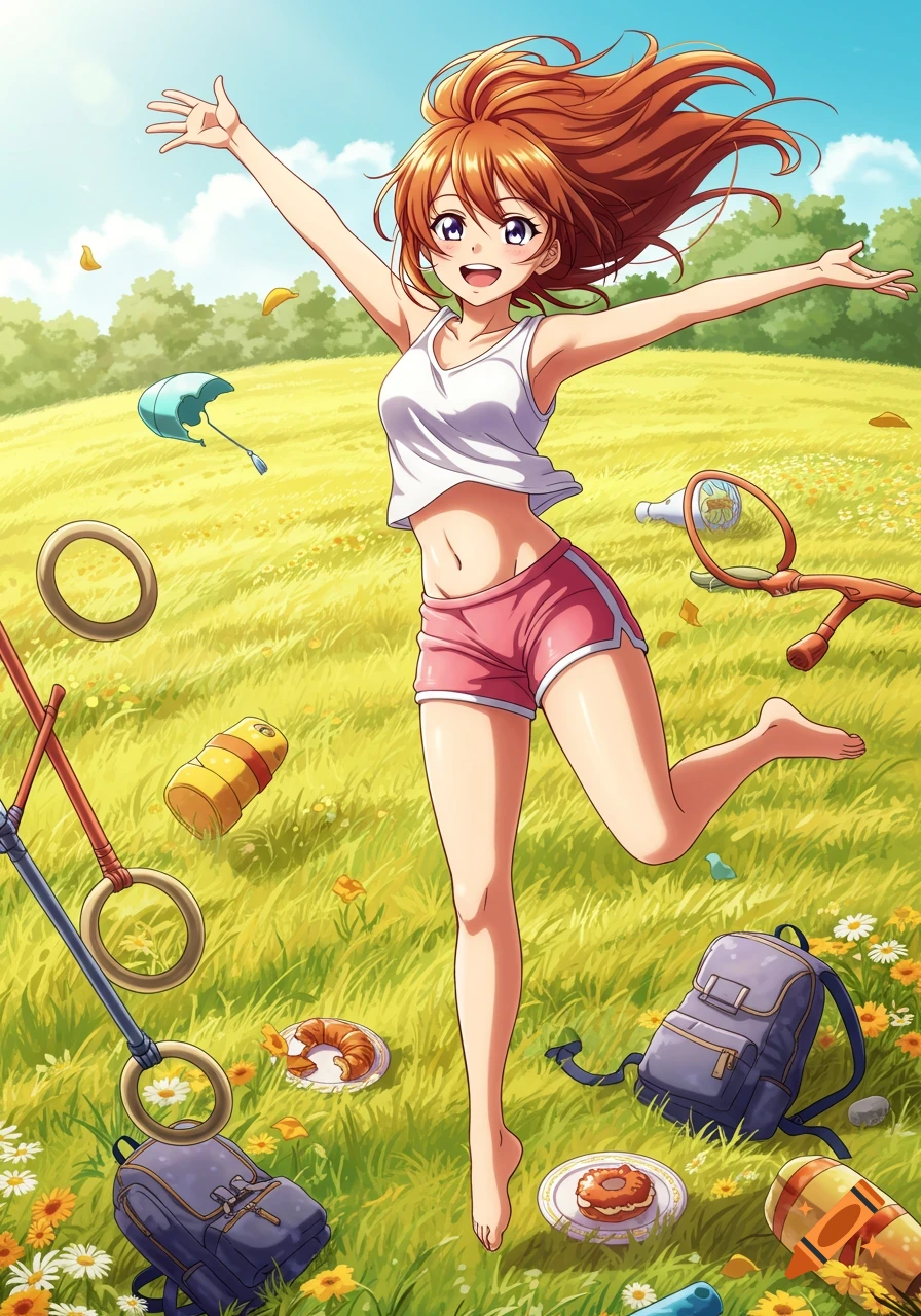 An energetic anime girl with reddish-brown hair runs barefoot in a sunlit grassy field, surrounded by backpacks, gymnastic rings, and food.