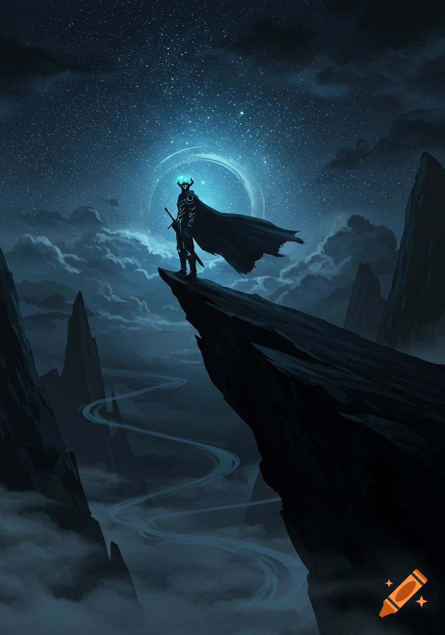 A dark fantasy figure with a glowing head and cape stands on a cliff overlooking a misty mountain range under a starry night sky.