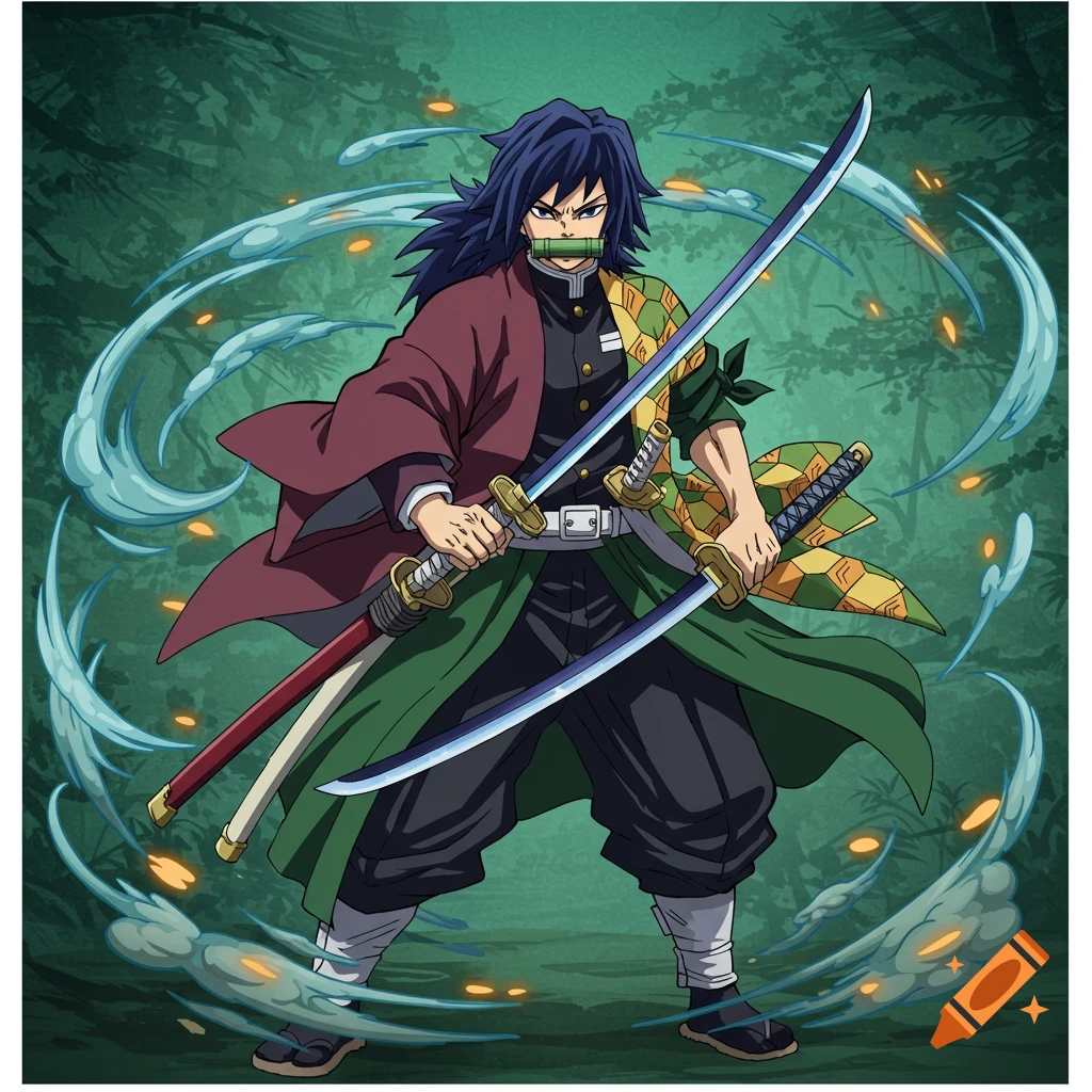 An anime male character with long dark hair, wearing a patterned kimono, holding two katanas and a bamboo mouthpiece, surrounded by water effects in a forest.