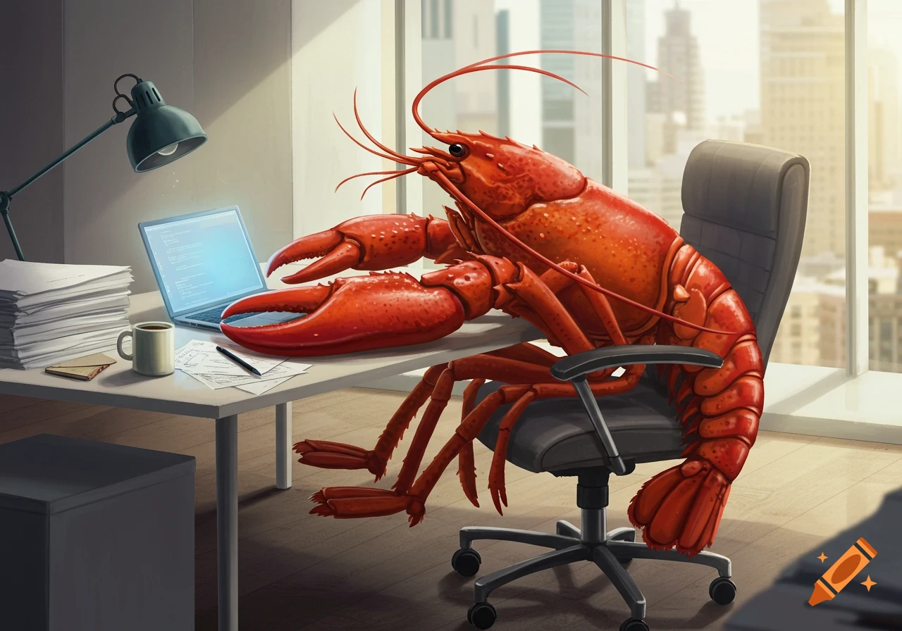 A large red lobster sits in an office chair at a desk with a laptop, stacks of papers, and a coffee mug, overlooking a city skyline.