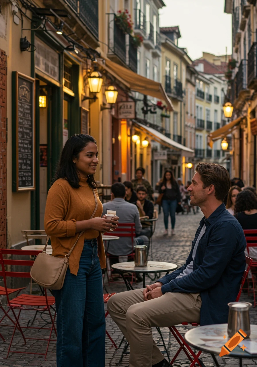 A woman holding a cup talks to a man seated at an outdoor cafe on a cobblestone street in a European city at dusk.